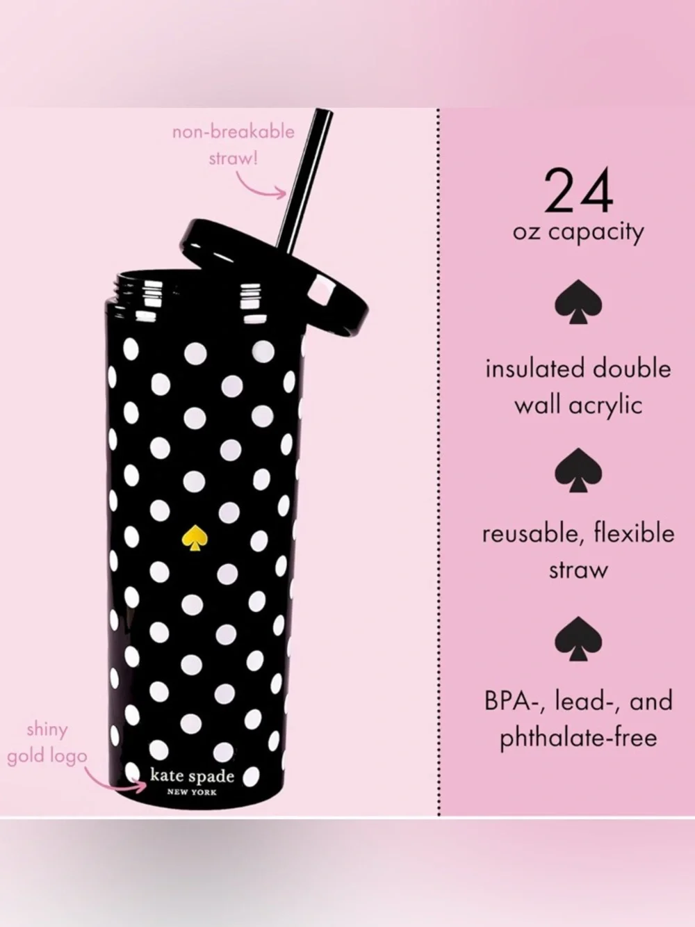 kate spade Black & White Polka Dot Tumbler with Gold Spade 24oz - Picture 3 of 3